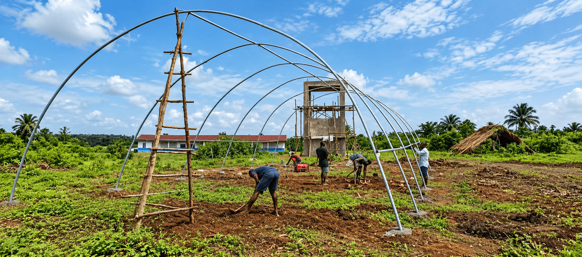 Green FAJ field team working on agricultural greenhouse infrastructure.